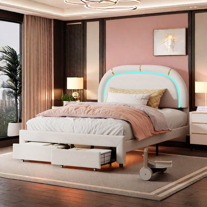Bed – Bedframe – Led-bed – Stijlvol Tweepersoonsbed – Opberglades Bed – Velvet Hoofdbord – Usb Oplaadpoort – 140x200 cm Off-white