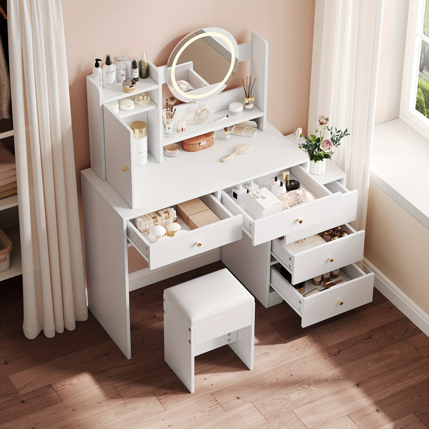 Kaptafel Wit – Dressing Table – Make-up Tafel – Make-up Kaptafel – Vanity Table – 5 Laden & Kast – Vrijstaand Ontwerp – Compact & Duurzaam – Inclusief Kruk