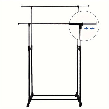 Kledingrek – Garderoberek – Kledingstang – Dressboy – Kledinghouder – Verstelbare Hoogte 108-170 cm – Stalen Dubbel Rek Met Schoenenrek En Wieltjes