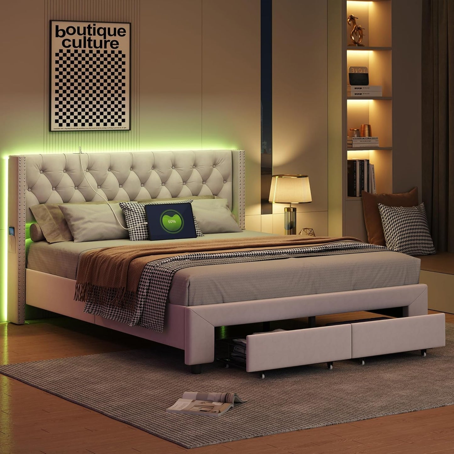 Bed – Bedkast – Tweepersoonsbed – Opbergbed – Opbergkast – Crème Kleur – LED Hoofdbord – 140x200 cm – 2 Grote Lades – USB Oplaadpoort