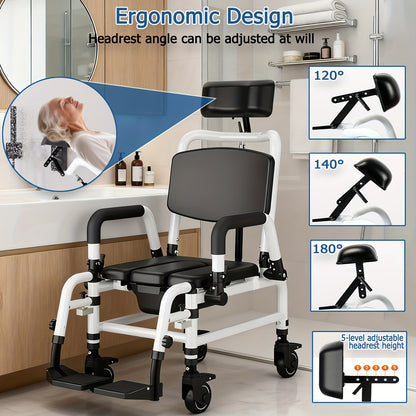 Douchestoel – Douchestoel Met Wielen – Douchekruk – Mobiele Douchestoel – Recliner Douchestoel – Aluminium Frame – Verstelbare Rugleuning & Hoofdsteun – Zwart