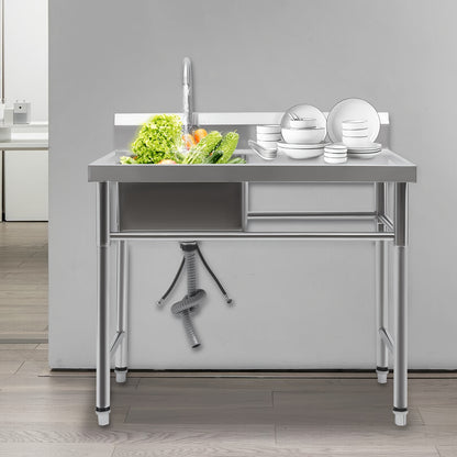 Commercial-Grade Stainless Steel Sink with Left Slot & Right Platform - 39"x24"x37" (100x60x93cm) Heavy-Duty 201 Stainless Steel, 199.58KG Capacity, Center Drain, Polished Finish, Easy Install for Restaurants, Cafes, Home Kit