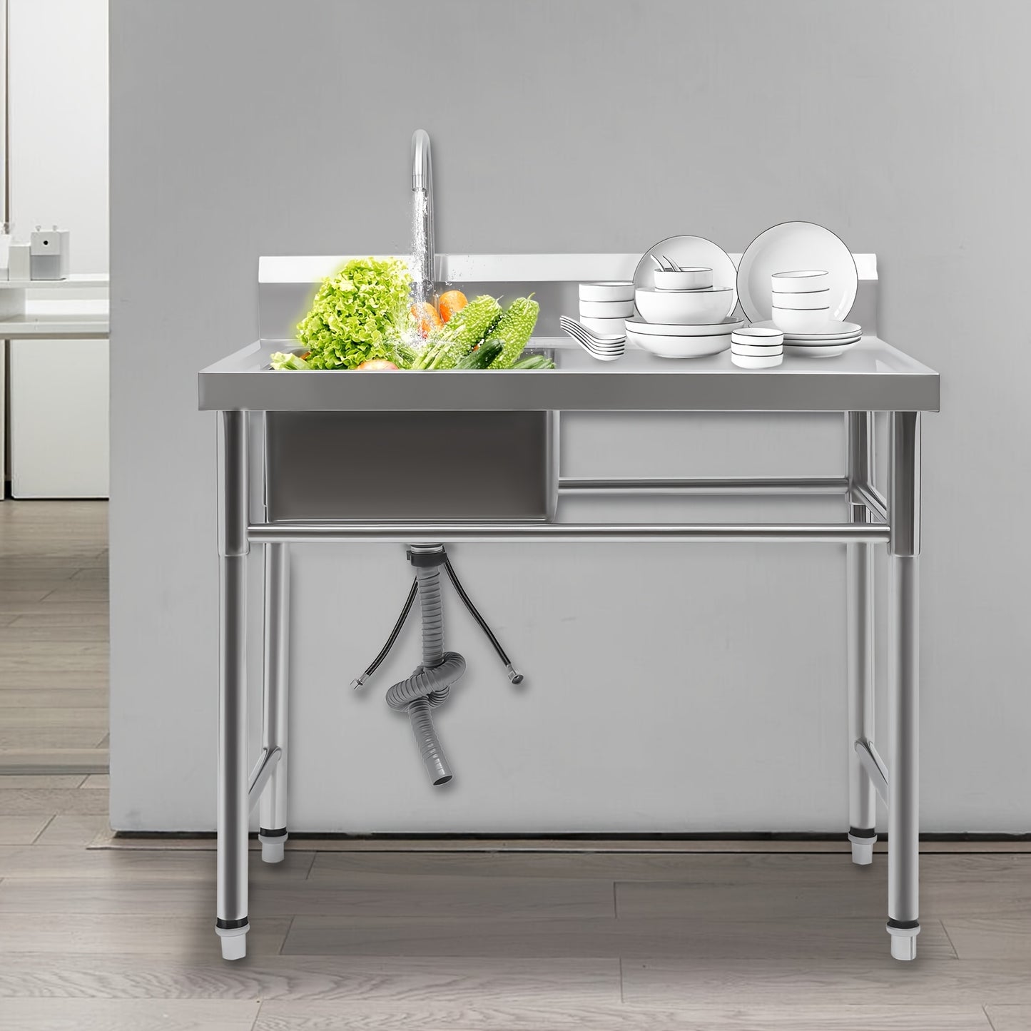 Keukenspoelbak – Spoelbakken – Gootsteen – Wasbak – Keukenwasbak – Roestvrij Staal – 100x60x93 cm – Heavy-Duty 201 RVS Met Centrale Afvoer