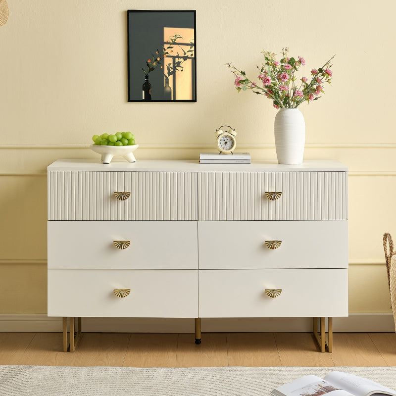 Modern Sideboard – Dressoir – Opbergkast – Ladekast – Sidecabinet – Wit Met Gouden Accenten – 6 Ruime Lades – Stevige MDF En Stalen Constructie