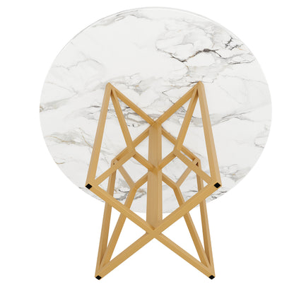 Ronde Eettafel – Eetkamertafel – Keukentafel – Ronde Tafel – Marmerlook Tafel – Gouden Metalen Onderstel – 80 cm Diameter – Geschikt voor 4-6 Personen