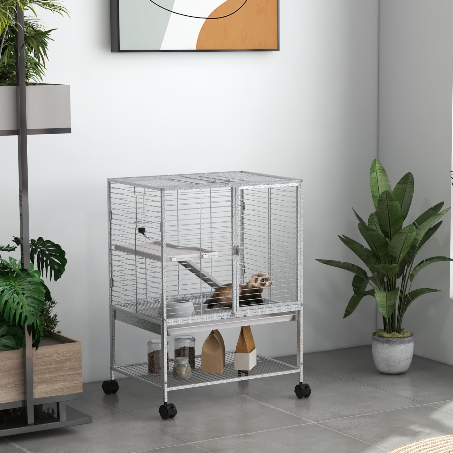 Kooi Voor Kleine Huisdieren – Dierenkooi – Fret Kooi – Chinchilla Kooi – Rodent Kooi – Lichtgrijs – Twee Verdiepingen Met Hellingbaan – Gemakkelijk Verplaatsbaar Op Wielen