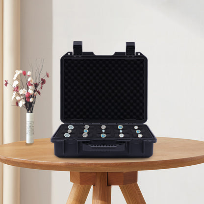 Horlogekoffer – Horlogebox – Horlogedoos – Opbergdoos – Watch Case – 15 Vakjes – Sluiting Met Gesp – Waterbestendig Kunststof – Zwart – Stoot- En Krasbestendig – Handgreep