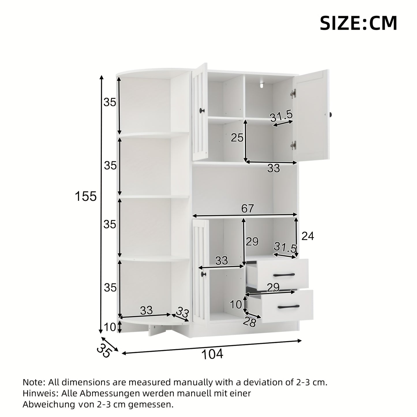 White Modern Corner Storage Cabinet with 3 Cabinets & 2 Drawers - Space-Saving Tall Bookshelf with Open Shelves & Closed Storage, Freestanding Floor Cabinet for Living Room, Hallway, Entryway - Easy Assembly, Classic Design,
