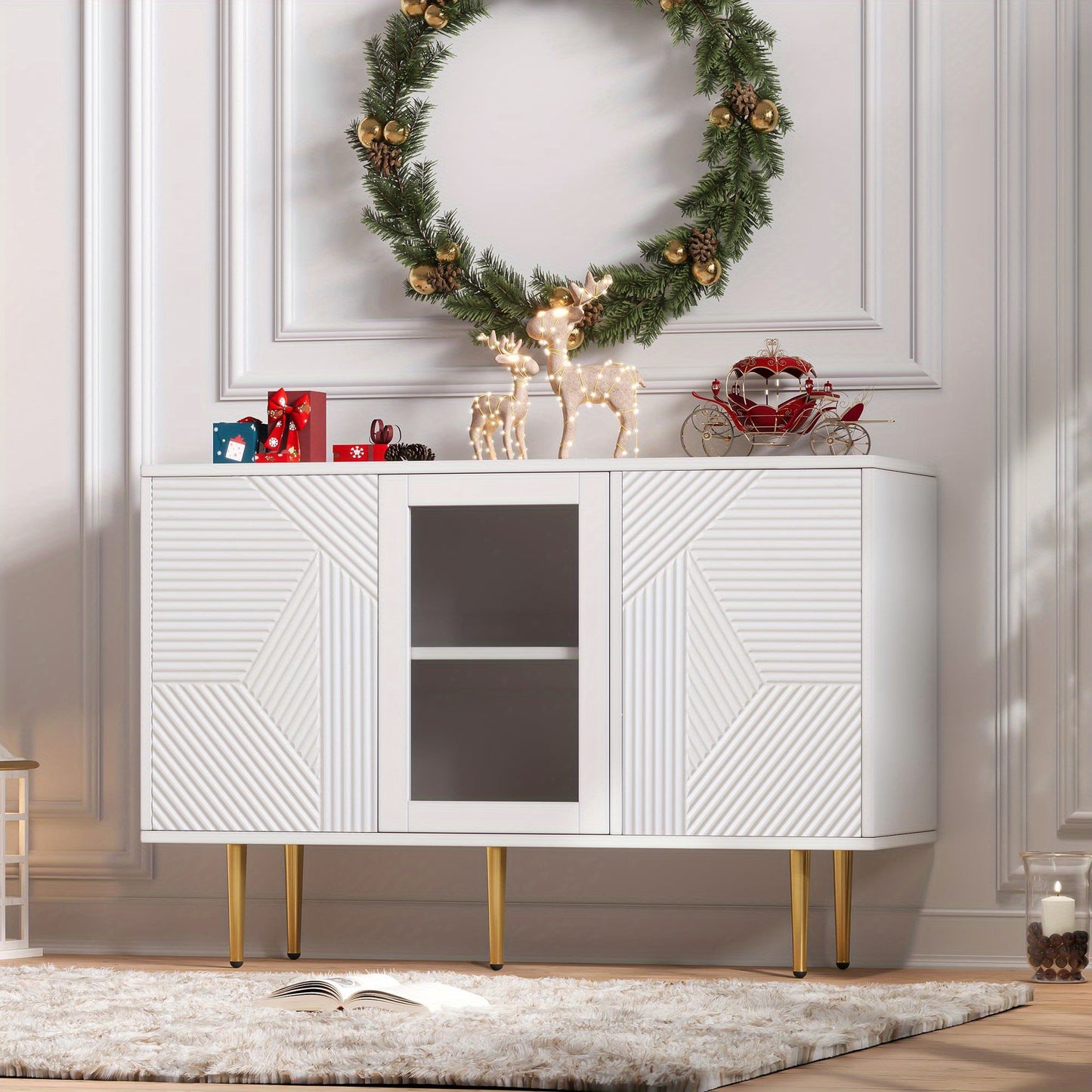 Dressoirkast – Opbergkast – Kast – Buffetkast – Wandkast – Wit – 120 cm – 3 Glazen Deuren Met Metalen Poten