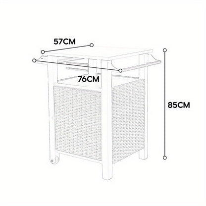Serveerwagen – Mobiele Barwagen – Barkeep Trolley – Tuinwagen – Keukenwagen – Bruin Rattan Met Roestvrij Stalen Uitschuifbaar Werkblad – Weerbestendig Stalen Frame Met Wieltjes
