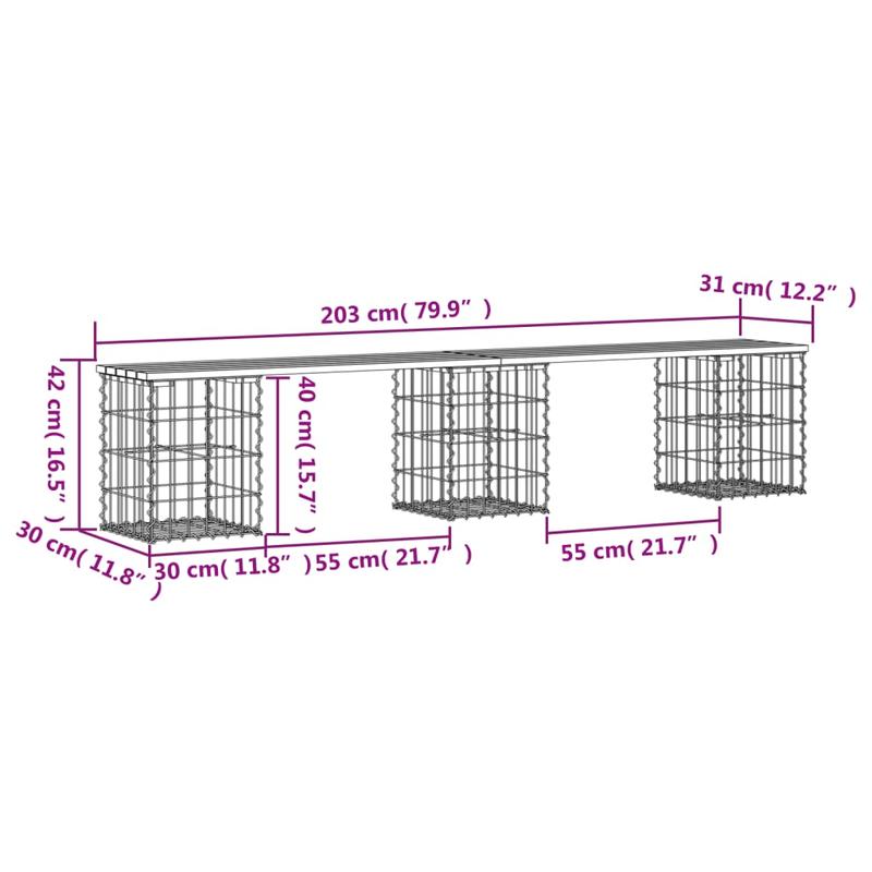 Gabionbank – Schanskorfbank – Tuinbank – Buitenbank – Balkonbank – Stevig Massief Grenenhout – Metaalframe – Steen-opvulbaar – Weerbestendig – 203x31x42 cm