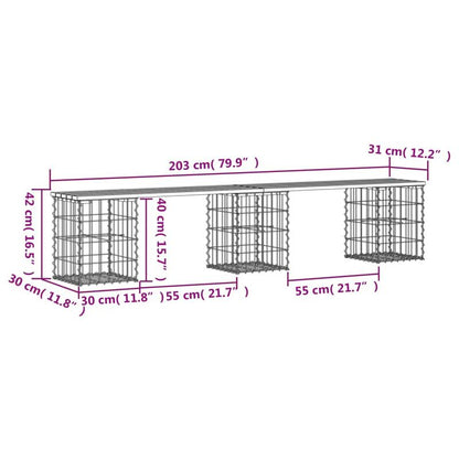 Gabionbank – Schanskorfbank – Tuinbank – Buitenbank – Balkonbank – Stevig Massief Grenenhout – Metaalframe – Steen-opvulbaar – Weerbestendig – 203x31x42 cm