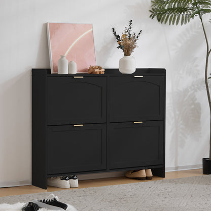 Modern shoe cabinet, with 4 folding compartments, freestanding shoe rack, open storage surfaces, suitable for entry area or hway, Black, Dimensions: W110/H90/D24 cm