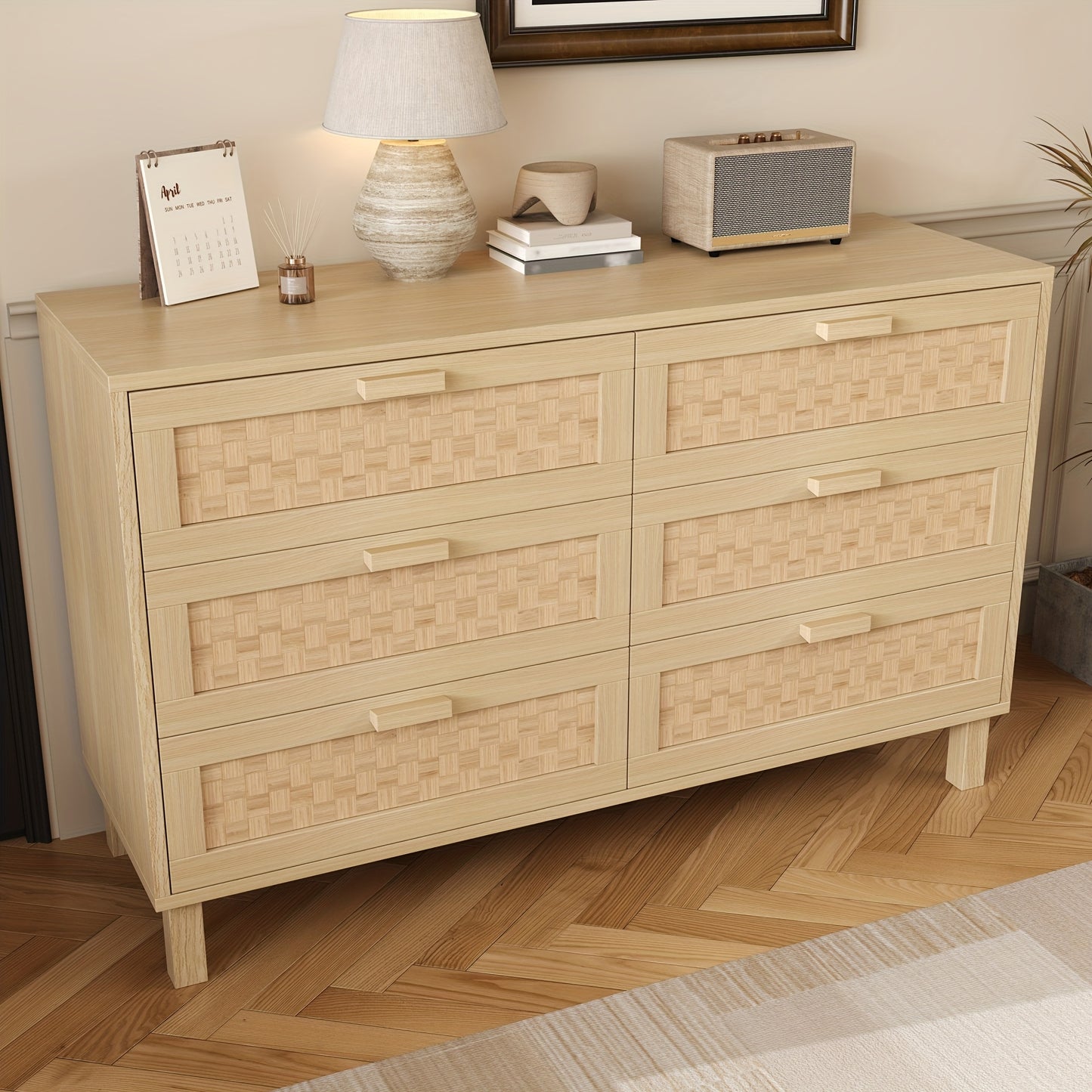 Ladekast – Ladenkast – Commode – Opbergkast – Kast – Bamboe met rieten frontjes – 6 lades, 3,2 kubieke voet opbergruimte – 69 cm hoog, eenvoudig te monteren