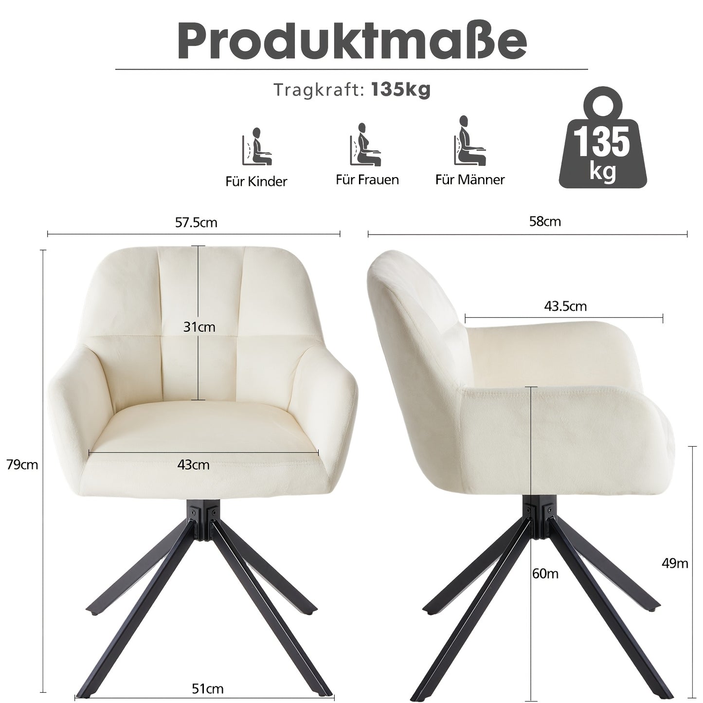 Eetkamerstoel – Dinerstoel – Keukenstoel – Fluwelen Stoel – Draaibare Stoel – Grijs – Memory Foam Zitting – Metalen Frame