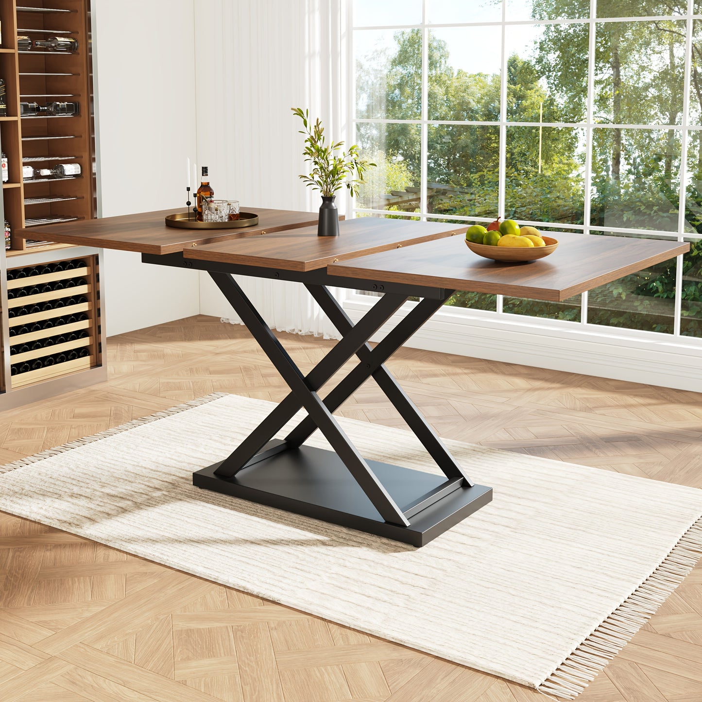 Extendable Walnut Dining Table with Black Iron Legs, 120-160 x 80cm, Space-Saving Design for Kitchen & Living Room, Classic Hardwood Finish, Easy Assembly, Sturdy X-Shaped Frame, Walnut Furniture