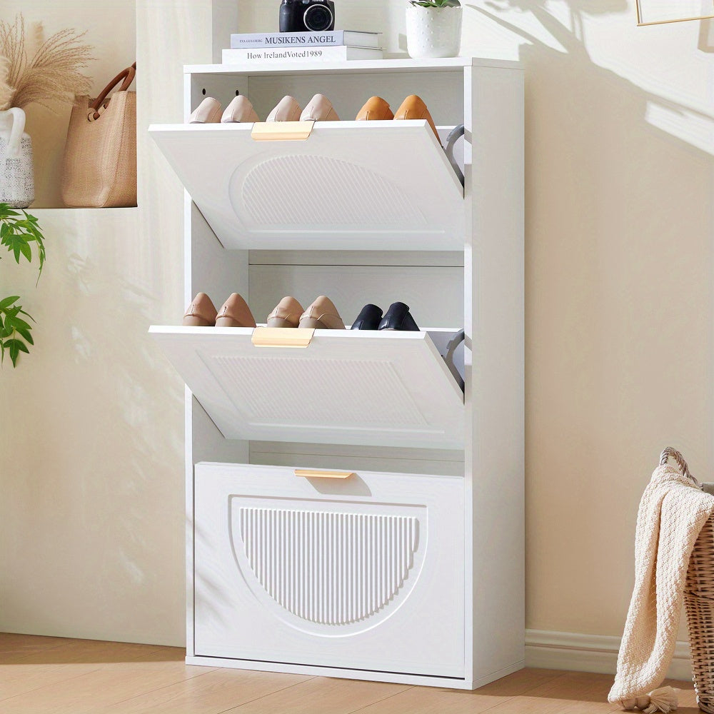 Modern White Narrow Shoe Cabinet with 3-Tier Shelves & Baffles - Space-Saving Vertical -Standing MDF Shoe Storage Unit, Golden-Like Label-Compatible for Hallway, Living Room, Entryway - Compact Shoe Rack (60x24x114cm), Shoe S