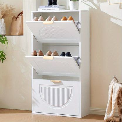 Modern White Narrow Shoe Cabinet with 3-Tier Shelves & Baffles - Space-Saving Vertical -Standing MDF Shoe Storage Unit, Golden-Like Label-Compatible for Hallway, Living Room, Entryway - Compact Shoe Rack (60x24x114cm), Shoe S