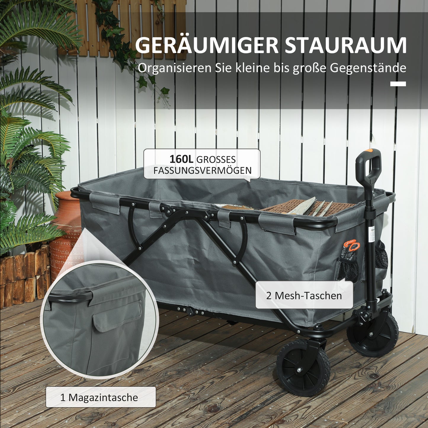 Transportkar – Inklapbare Trolley – Vouwbare Wagen – Tuinkar – Boodschappenkar – 120 kg Laadvermogen – 160 Liter Inhoud – Donkergrijs