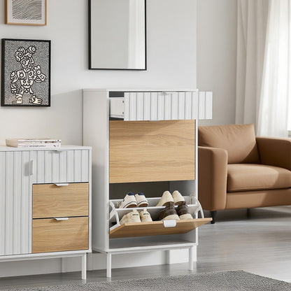 Schoenenkast – Schoenenrek – Schoenenopberger – Opbergkast – Schoenenschuiflade – 2 Klapdeuren – Verstelbare Vakverdeling – MDF Wit/Natuurlijk Hout – 60x35x110 cm