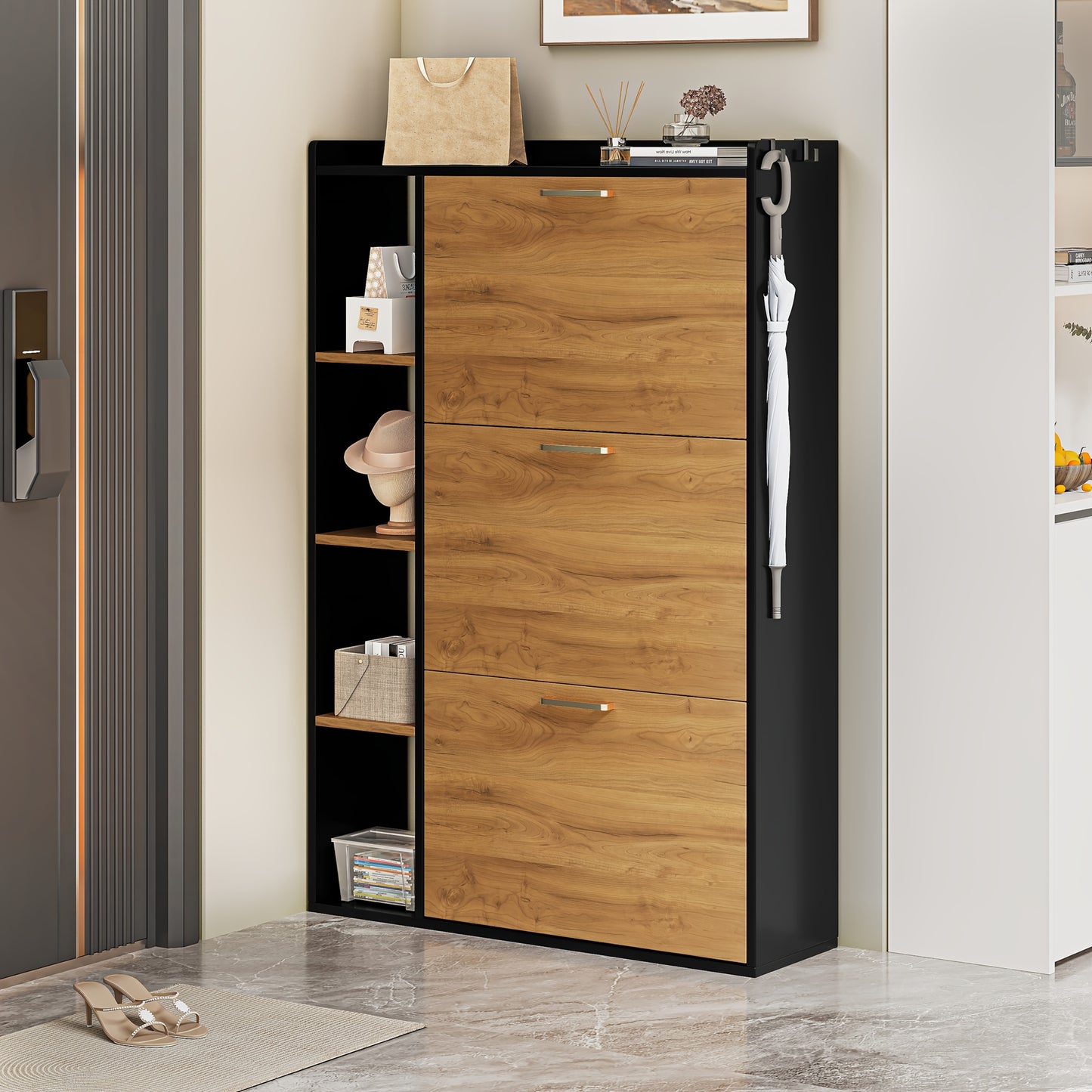 3-Deurs Schoenenkast – Smalle Schoenenopberger – Schoenenrek – Schoenenkast – Halmeubel – Hardhouten Materiaal – Anti-Kantelmechanisme – Mat Zwarte Afwerking
