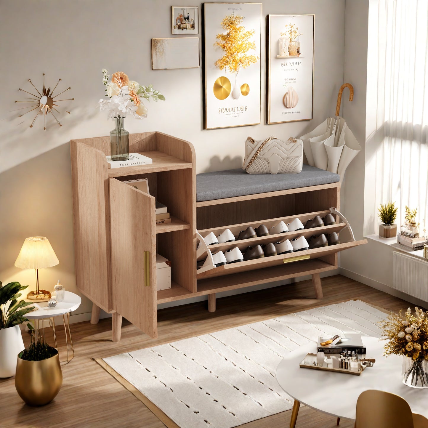 Schoenenkast – Schoenenrek – Schoenenopberger – Opbergkast – Smal Design – Schuine Laden – MDF & Hardhout – Zitkussen
