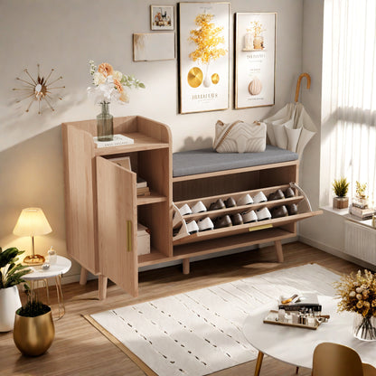 Schoenenkast – Schoenenrek – Schoenenopberger – Opbergkast – Smal Design – Schuine Laden – MDF & Hardhout – Zitkussen