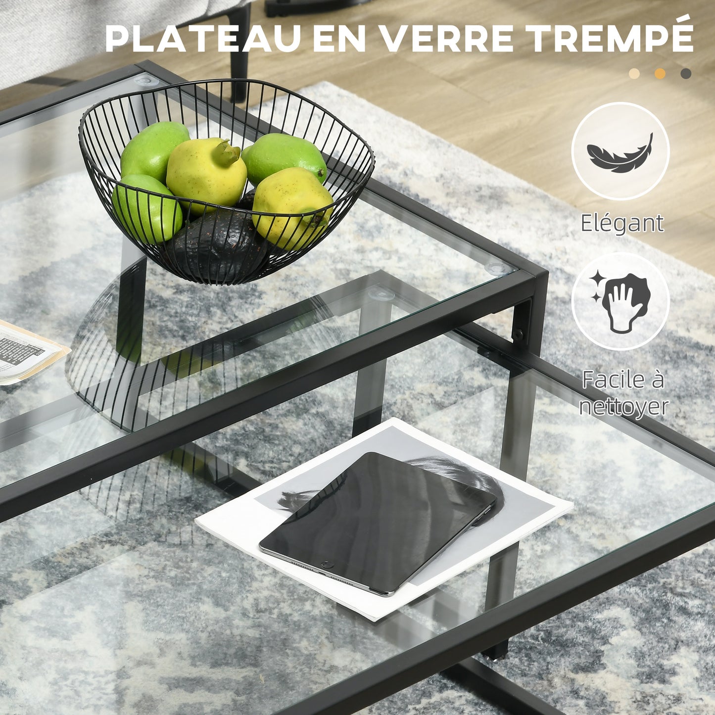 Nesting Salontafel – Bijzettafel – Woonkamertafel – Tafelset – Zwart Geharde Glas – Stalen Frame – Ruimtebesparend Design – Set Van 2