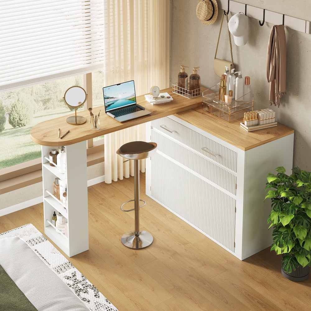 Extendable Bar Table with Storage Space (137-215 × 39 × 102.3cm), Modern Mobile Bar Table, Extendable Bar Table with One Drawer and Two Shelves, Tall Kitchen Island Dining Table, White