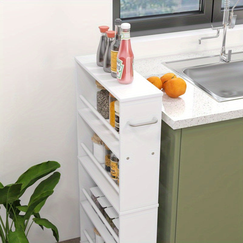 Opbergtrolley Smalle Trolley Keukentrolley Servertrolley Opberwwagen – Witte 45x15x91 cm – 4 Verdiepingen – 360° Zwenkwieltjes met Rem