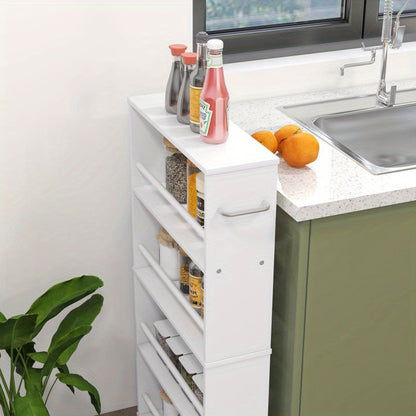 Opbergtrolley Smalle Trolley Keukentrolley Servertrolley Opberwwagen – Witte 45x15x91 cm – 4 Verdiepingen – 360° Zwenkwieltjes met Rem