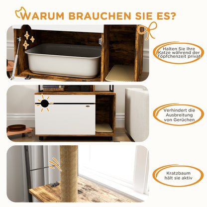 Kattenbakmeubel – Kattenbakkast – Kattenhuis – Kattentoilet – Kattenbakverstopper – Multifunctioneel 2-in-1 Design – Ruime Opbergruimte & Geïntegreerde Krabpaal – 80x48x152 cm – Rustiek Bruin
