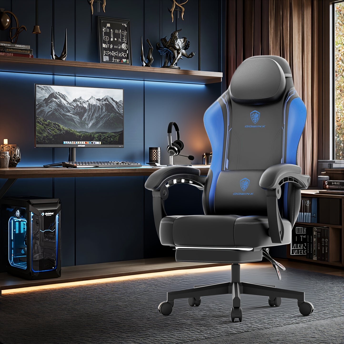 Gamingstoel – Bureaustoel – Racestoel – Ergonomische Stoel – Computerstoel – Met Voetensteun – 136 KG Draaggewicht – Verstelbare Hoogte & Rugleuning – Zwart/Blauw