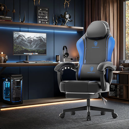 Gamingstoel – Bureaustoel – Racestoel – Ergonomische Stoel – Computerstoel – Met Voetensteun – 136 KG Draaggewicht – Verstelbare Hoogte & Rugleuning – Zwart/Blauw