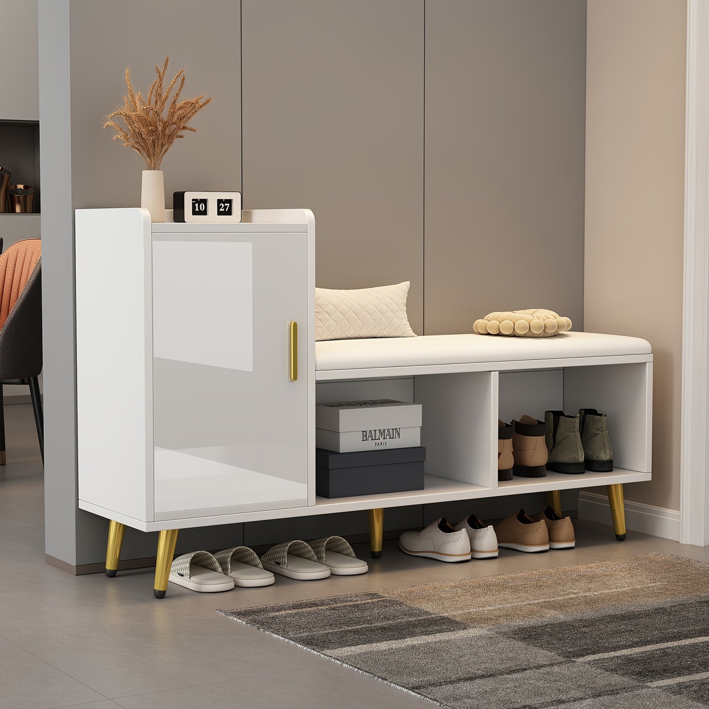 Schoenenkast – Schoenenrek – Schoenenopberger – Halkast – Schoenenbankje – Hoogglans Wit – Met Gouden Accenten – Comfortabel Bekleed Zitgedeelte