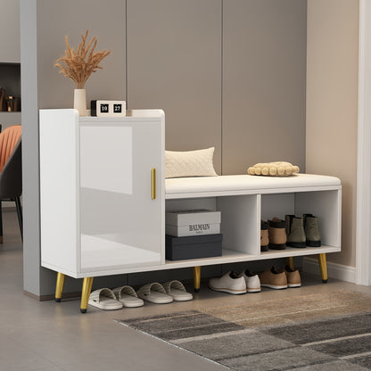 Schoenenkast – Schoenenrek – Schoenenopberger – Halkast – Schoenenbankje – Hoogglans Wit – Met Gouden Accenten – Comfortabel Bekleed Zitgedeelte