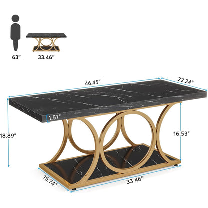 Salontafel – Koffietafel – Woonkamertafel – Bijzettafel – Tafel – Rechthoekig – Zwart Marmerlook – Gouden Metalen Frame – 2 Niveaus Opbergruimte – 120x60x48 cm