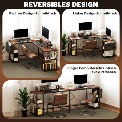 L-vormig Bureau – Hoekbureau – Thuiswerkplek Bureau – Werktafel – Computerbureau – Verstelbare Planken – Ergonomische Monitorstandaard – Rustieke Bruine Afwerking