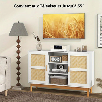 Keukenopbergkast – Dressoir – Buffetkast – Sideboard – Kast – Wit Met Bamboe – 3 Open Planken – 2 Zijdeuren Met Bamboe Vlechtwerk