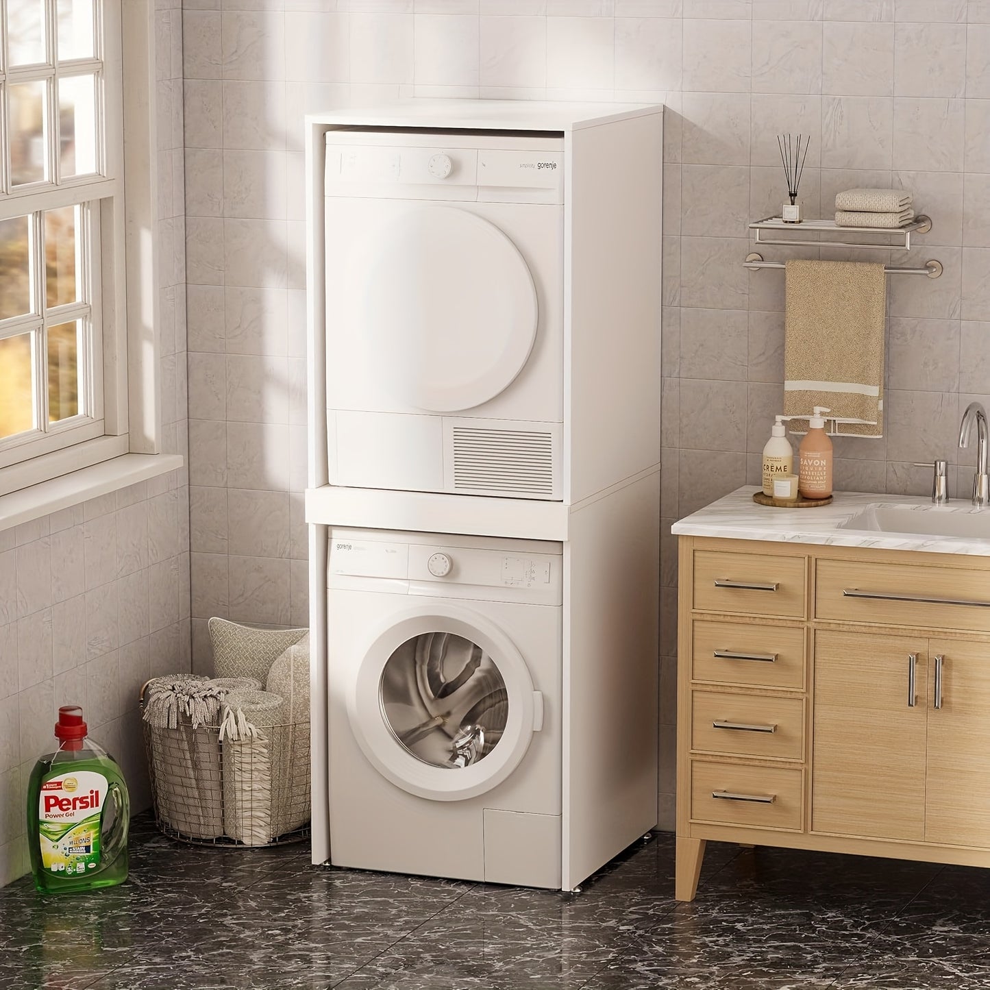 Wasmachinekast – Wasmachine Meubel – Wasmachine Ombouw – Wasmachine Rek – Wasdroger Kast – 180x65x66 cm – Uittrekbaar Werkblad – Max 100 kg Draagvermogen