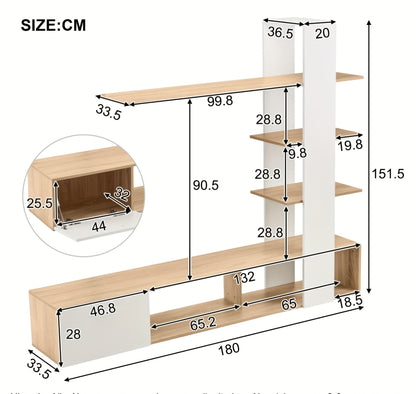 TV meubel – TV kast – Lowboard – TV wandmeubel – Woonkamermeubel – Modern design – Hout wit eiken – Geschikt voor TV tot 60 inch – Afmetingen 180x33,5x151,5 cm