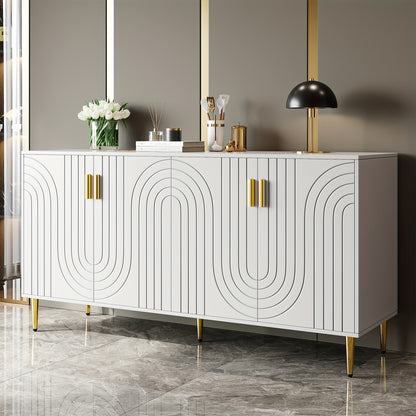 Dressoir – Sideboard – Opbergkast – Ladekast – Buffetkast – Wit Modern – MDF Met Golvende Patronen – Gouden Accenten & Poten