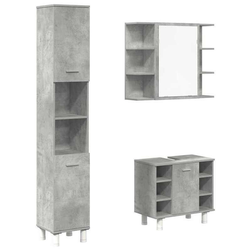 Badkamermeubelset – Badmeubelset – Wastafelmeubel – Badkamerkast – Spiegelkast – 3-delig – Betongrijs Houtlook – Duurzaam Materialen – Zonder Stroom