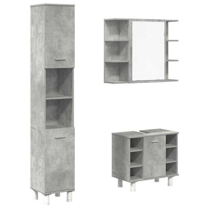 Badkamermeubelset – Badmeubelset – Wastafelmeubel – Badkamerkast – Spiegelkast – 3-delig – Betongrijs Houtlook – Duurzaam Materialen – Zonder Stroom
