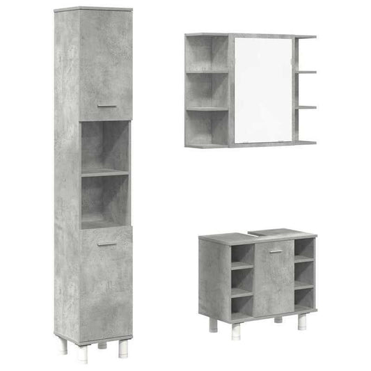 Badkamermeubelset – Badmeubelset – Wastafelmeubel – Badkamerkast – Spiegelkast – 3-delig – Betongrijs Houtlook – Duurzaam Materialen – Zonder Stroom