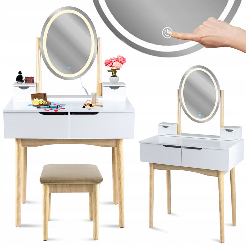 Kaptafel – Make-uptafel – Toilette – Schminktisch – Schoonheidstafel – LED-Verlichte Spiegel – 4 Lades – Mat Wit Met Beuken Hout