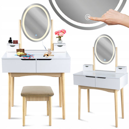 Kaptafel – Make-uptafel – Toilette – Schminktisch – Schoonheidstafel – LED-Verlichte Spiegel – 4 Lades – Mat Wit Met Beuken Hout