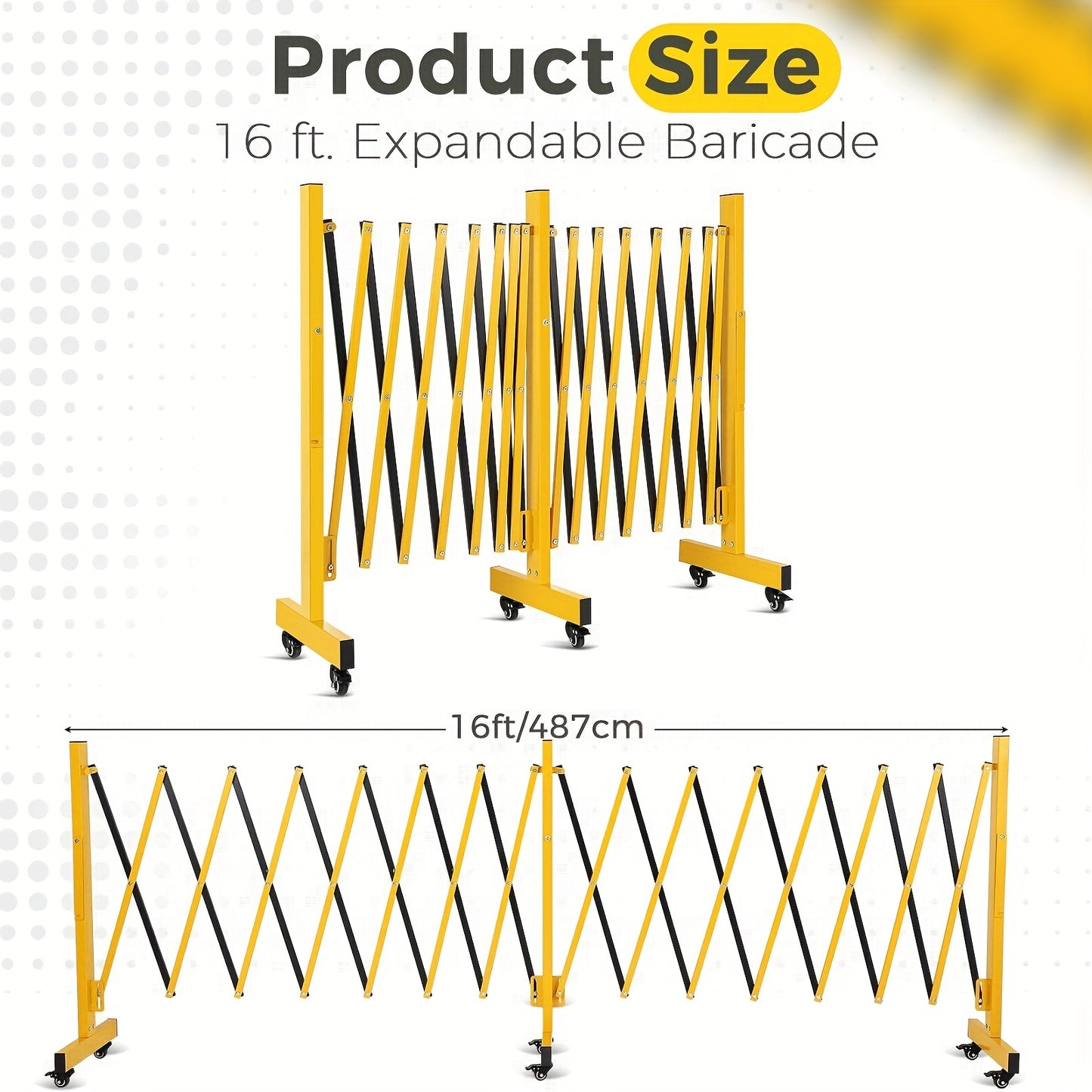 4.88meter Heavy-Duty Metal Expandable Barricade Gate - Portable Folding Crowd Control Barrier with Lockable Panels, 4-Wheel Mobility & Yellow/Black Safety Design for Driveway, Events, Sites - Driveway Gate, Traffic Barriers F
