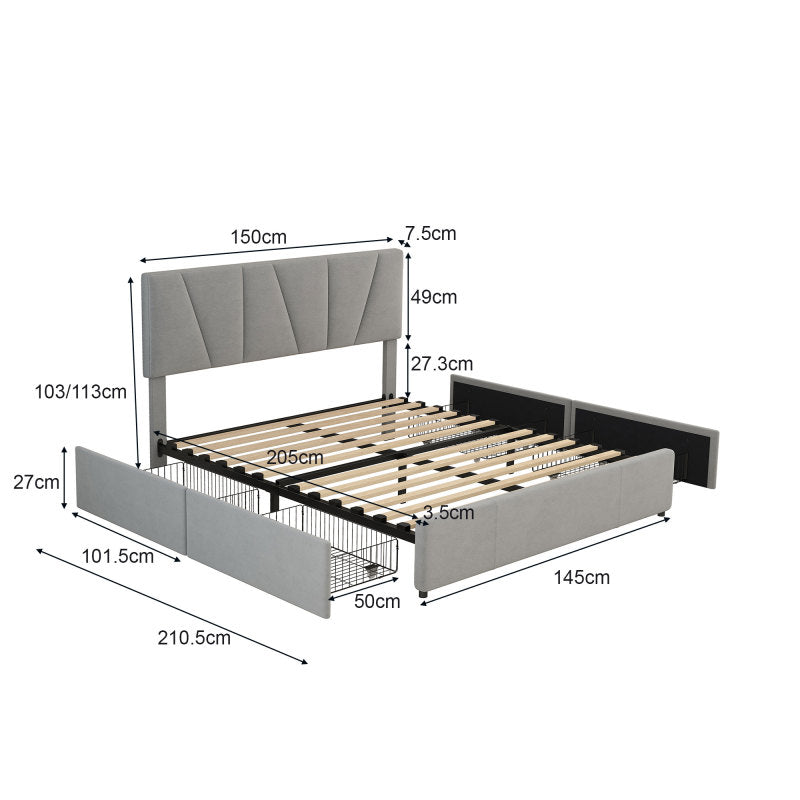 Double/Full Size Upholstered Platform Bed Frame with 4-Side Storage Drawers & Adjustable Headboard - Low-Profile Modern Bed, / Fabric, Metal/MDF Frame, No Box Spring Needed, Fits Twin to King Mattresses (Assembly Required)