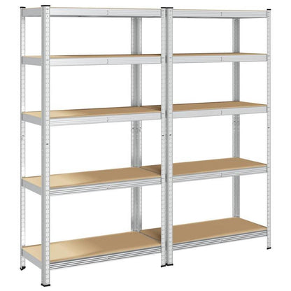 5-laags Opbergrek – Opbergkast – Stelling – Plank – Vakkenkast – Set Van 2 – Zilverkleurig Staal – Gelamineerd Hout